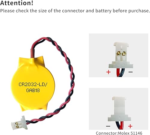 Miniatura 4 de EEMB Paquete de 10 baterías CMOS CR2032 de 3 V con cables de cable y conector MOLEX Batería de repuesto para computadora Alienware R1 M18 Area-51