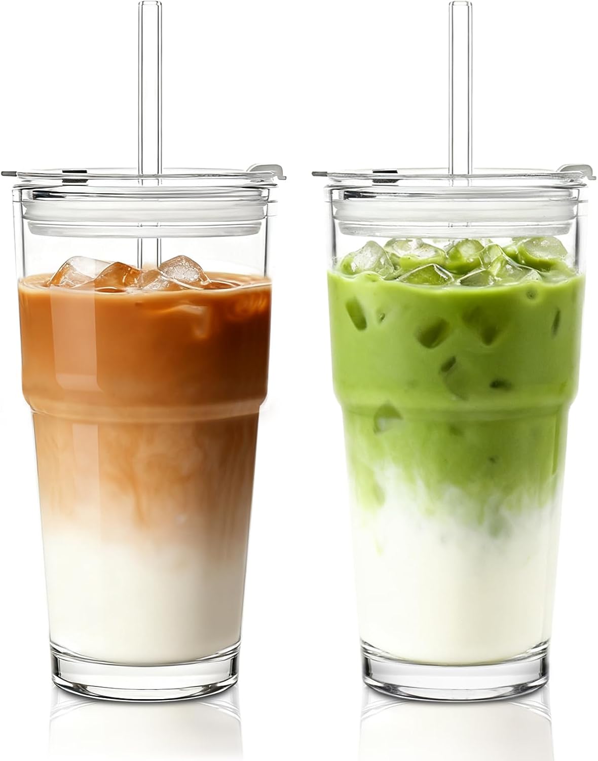 INSETLAN 20oz Clear Glass Cup with Lid and Glass Straw, Set of 2 Thickened Glass Coffee Tumblers, Drinking Glasses with Straw for Smoothie, Tea, Milk, Whiskey, Water and More – Elegant & Durable