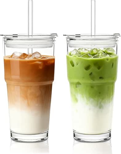 INSETLAN 20oz Clear Glass Cup with Lid and Glass Straw,
