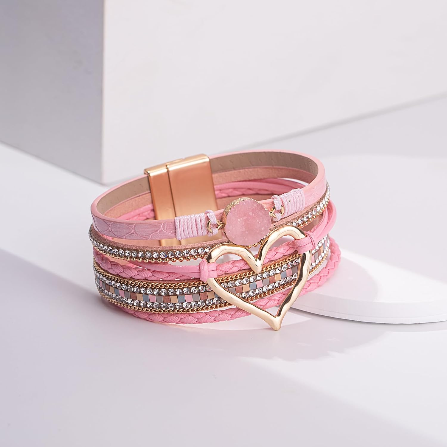 FANCY SHINY Heart Leather Wrap Bracelets Stackable Boho Cuff Bangles Trendy Resin Stone Rhinestone Bracelets with Magnetic Clasp for Women Valentine Gifts - Image 5