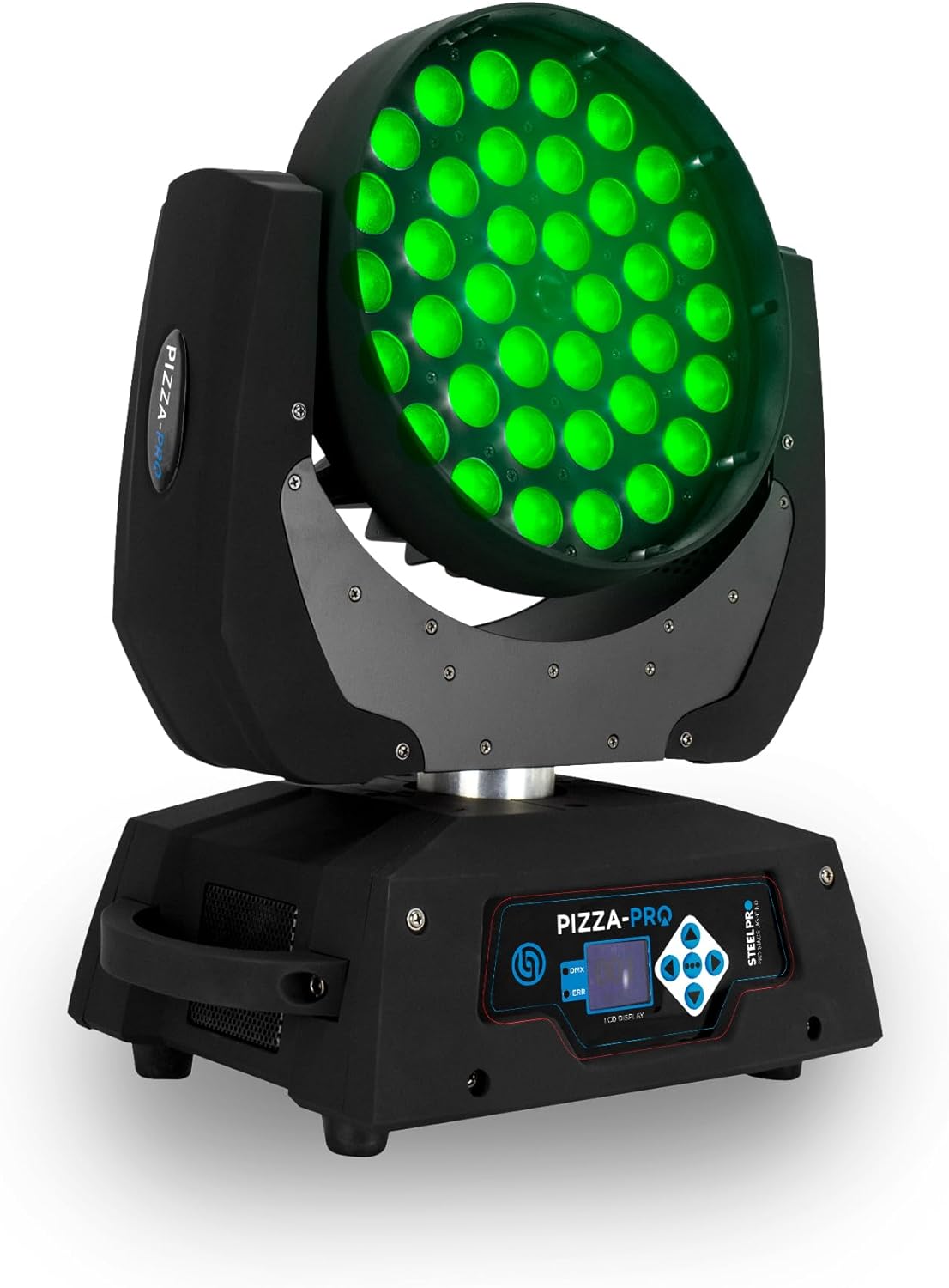 STEELPRO Pizza-Pro Robotic Head LED Wash/Zoom Light with green LEDs illuminated