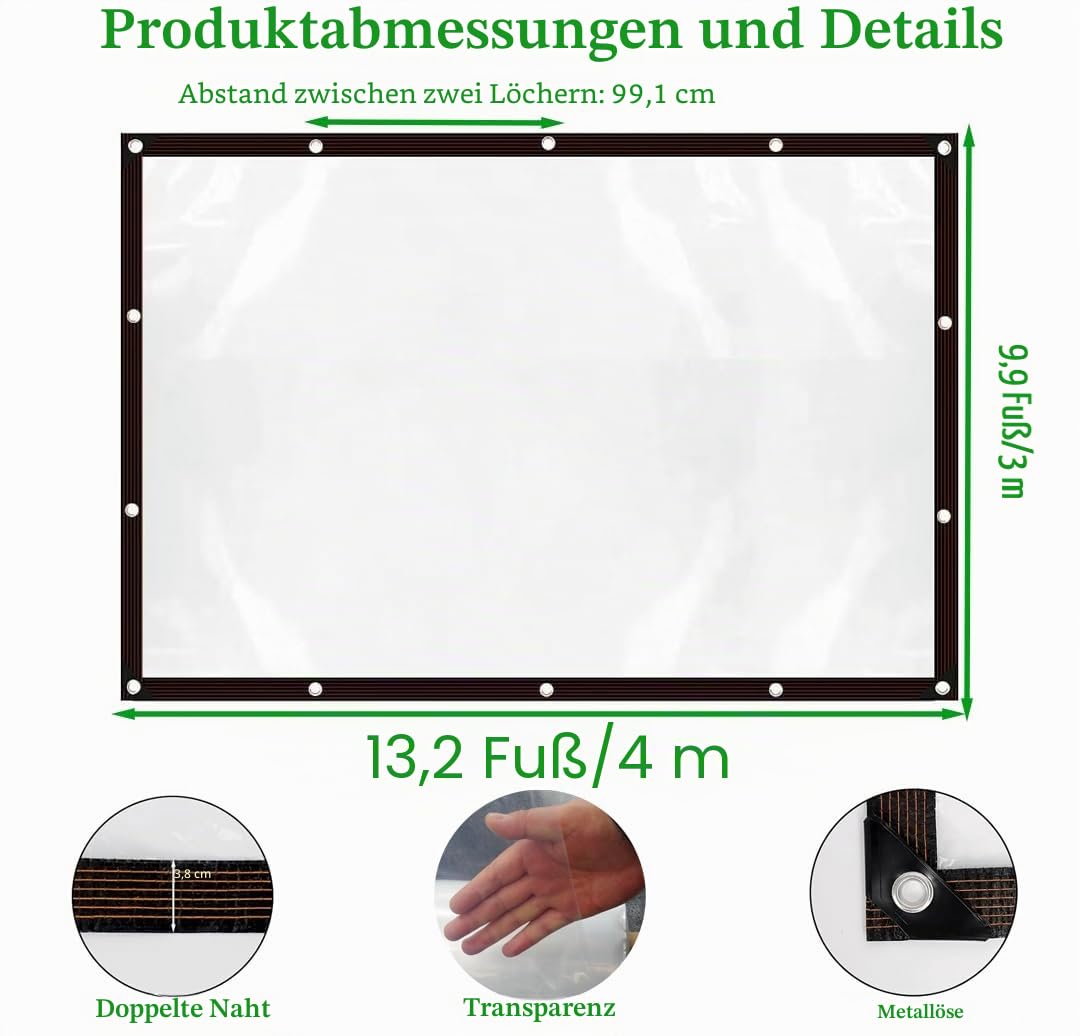 Plane Transparent mit Ösen,3X4m Plane Wasserdicht,Planen Durchsichtig für Außenbereich,PVC Terrassenplane, abdeckplane baufolie für Gartenmöbel Pflanzen Gewächshaus Pet Hutch Dach