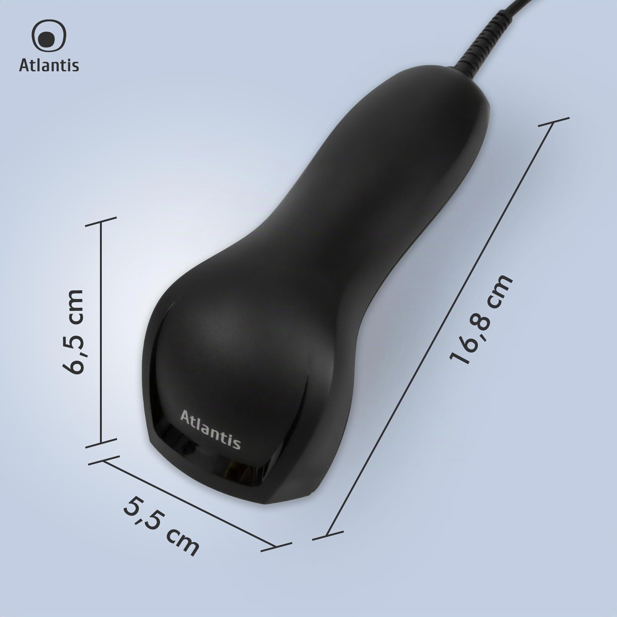 Atlantis A08-LN1100 Lettore Codici a Barre Barcode reader scanner 1D Ottico ad alta risoluzione 2500 pix, 100 scansioni sec, legge da smartphone, codice farmaceutico, collegamento USB, guida rapida.