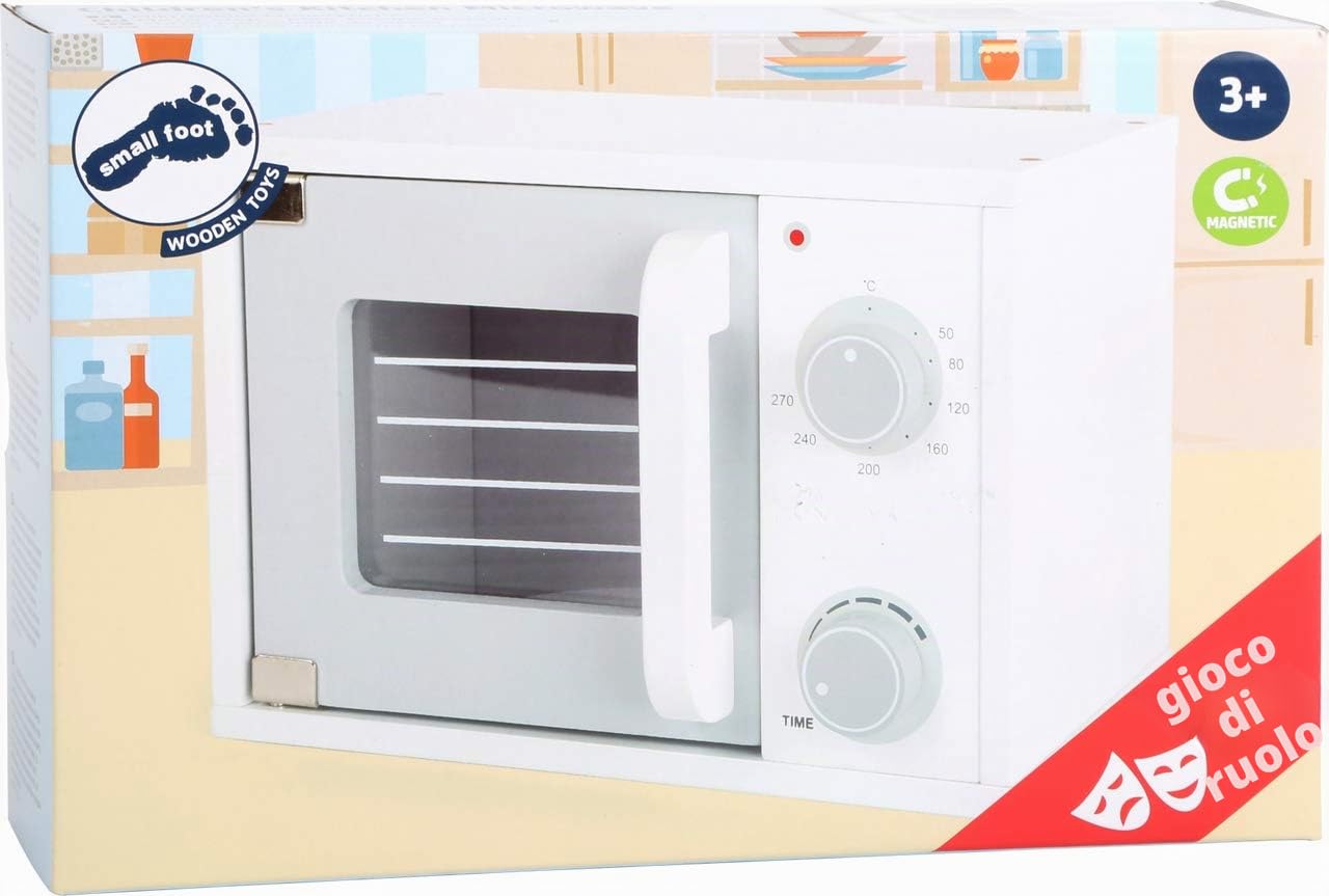 small foot 11184 Microonde "cucina per bambini" in legno, con manopole girevoli e porta con serratura magnetica, a partire da 3 anni