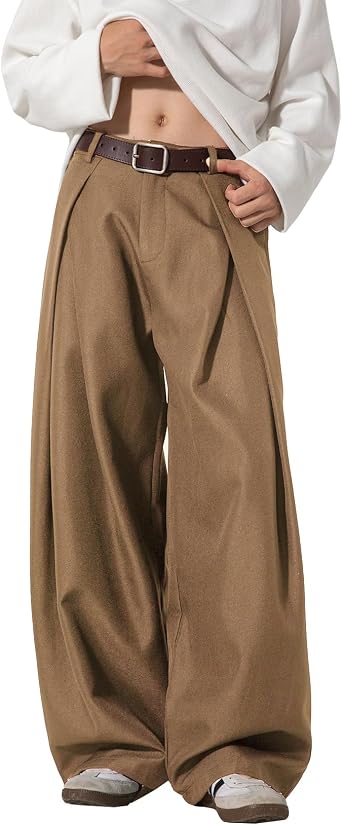 AIFARLD Baggy Dress Pants Men Wide Leg Zipper Fly Pleated Trousers with Pocket Business Casual