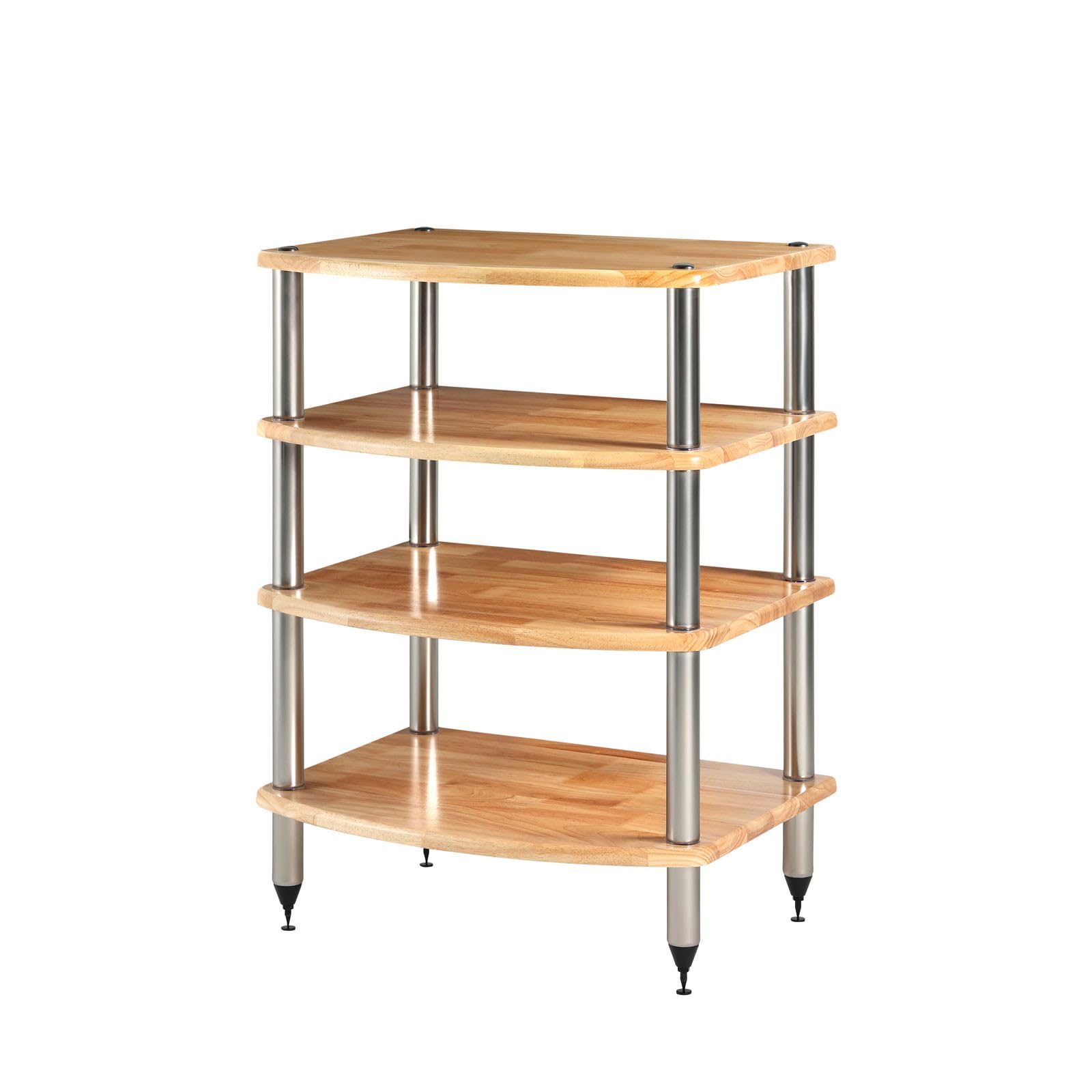 Pangea Audio Vulcan Four Shelf Audio Rack, Media Stand, and Components Cabinet 4 Shelf Natural Parawood with Silver Posts