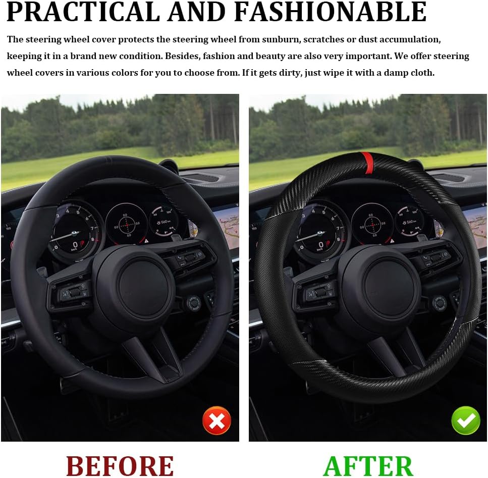 Car Steering Wheel Cover, Steering Wheel Accessories, 15 Inch Microfiber Leather Carbon Fiber Soft Anti-Slip Breathable, Car Accessories Elastic Non-Slip Cover for Most Vehicles (Black)