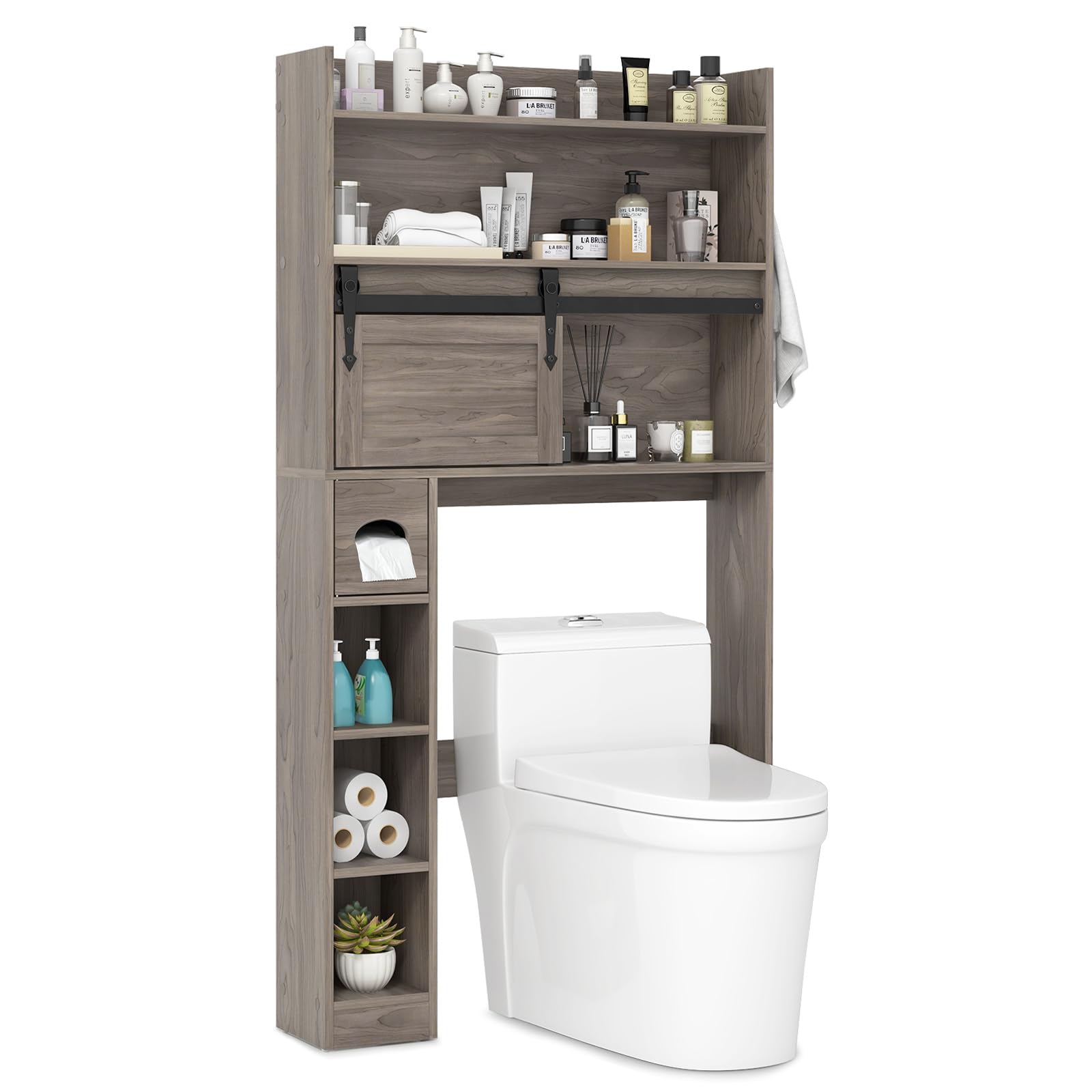 Tangkula Over The Toilet Storage Cabinet, Farmhouse Freestanding Above Toilet Rack w/Sliding Barn Door, Adjustable Shelves, Toilet Paper Holder, 2 Hooks, Bathroom Space Saver (Retro, Grey)