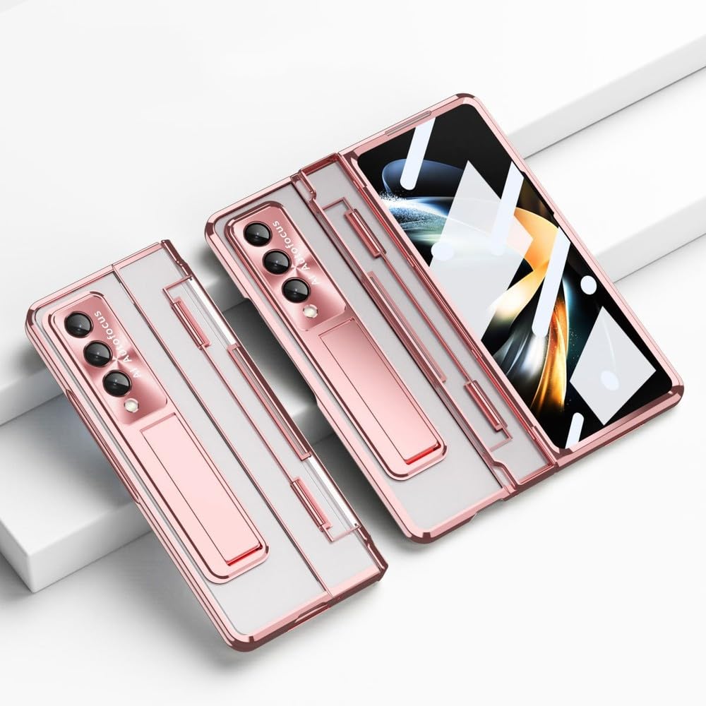 Funda para Samsung Galaxy Z Fold 6 5 4 3 Z Fold4 5G Funda Transparente Revestida de una Pieza con Soporte y Protector de Pantalla, Rosa, para Galaxy Z Fold 3
