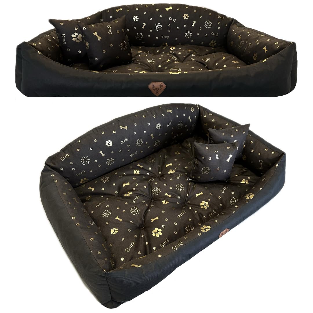 Dogs4Life Nadaje się do prania, ortopedyczne legowisko dla psa, poduszka dla psa, sofa dla małych i średnich psów, rozmiar S - XXL, możliwość personalizacji z imieniem (S, ‎‎‎‎, złote łapy)
