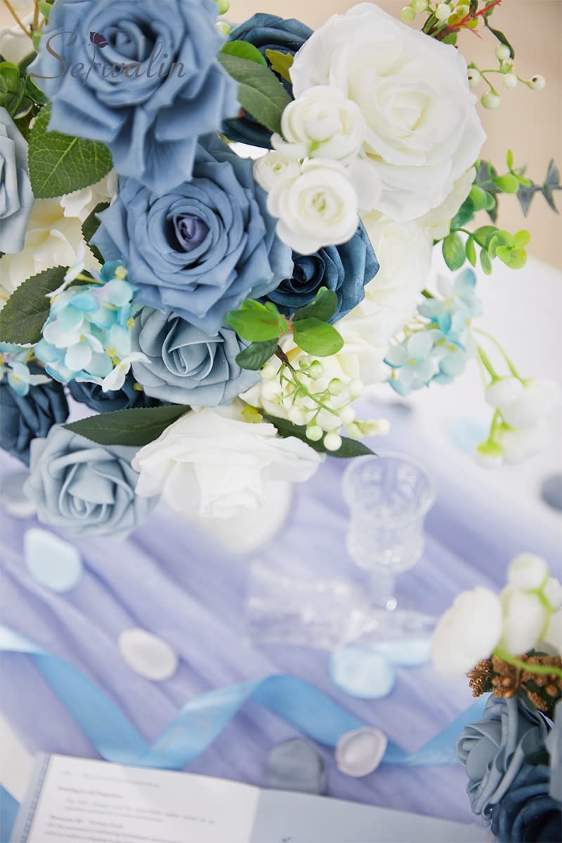 Serwalin Fiori artificiali per torta bouquet da sposa centrotavola per il giorno del Ringraziamento Peonia Rose Fiori di nozze Combo Fiori finti Boho per la (Blu&bianco)