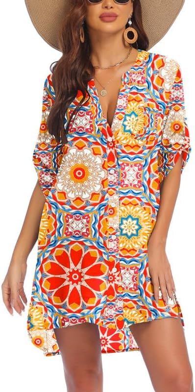 Cache-maillot de bain femme AI'MAGE col en V boutonné tunique de plage colorée