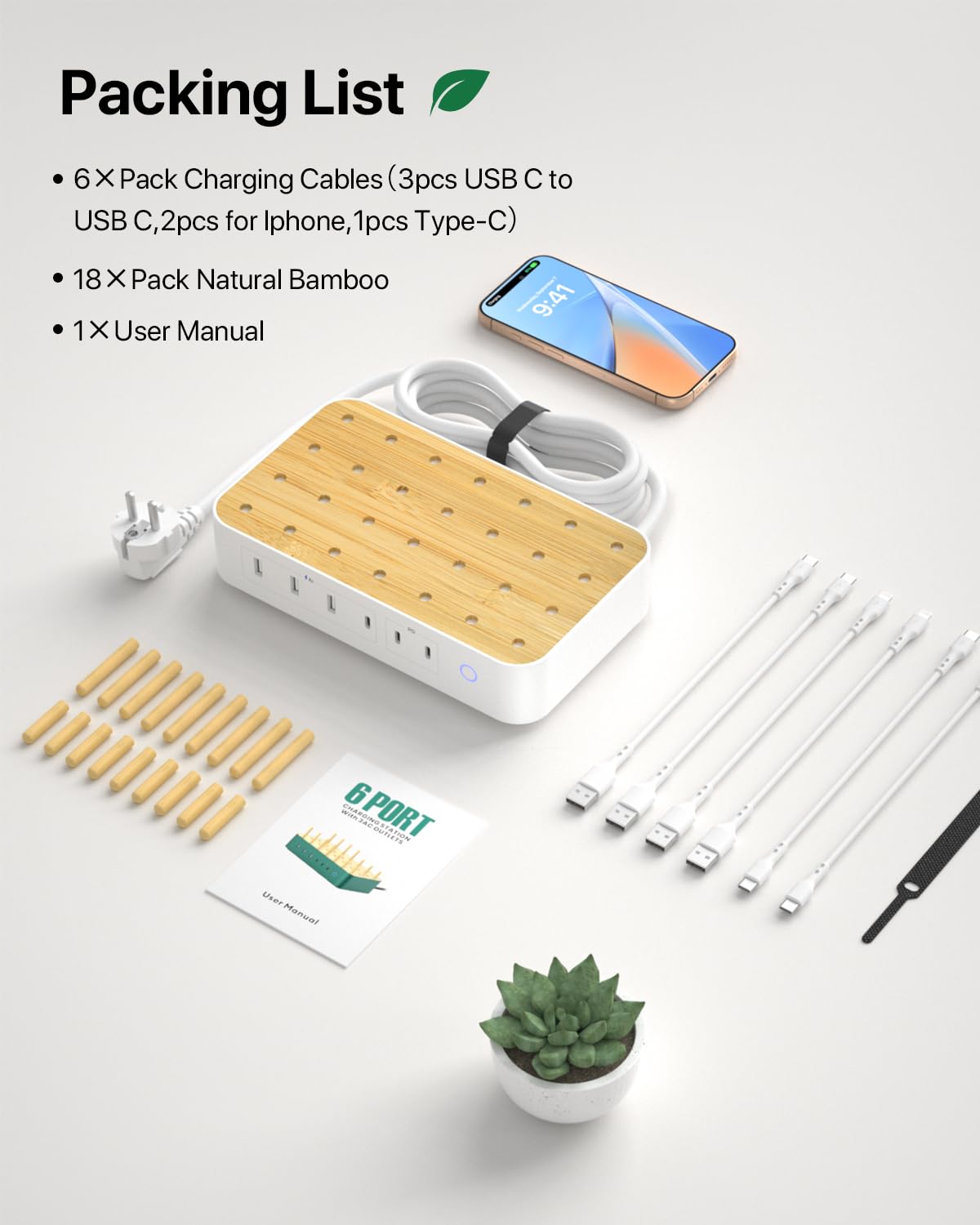 Station de charge USB C Bamboo pour plusieurs appareils, 60W, 6 ports, 3 prises secteur, 3 USB C, 3 USB A, cordon d'alimentation de 2 m pour lPhone, lPad et tablettes(6 câbles inclus),blanc