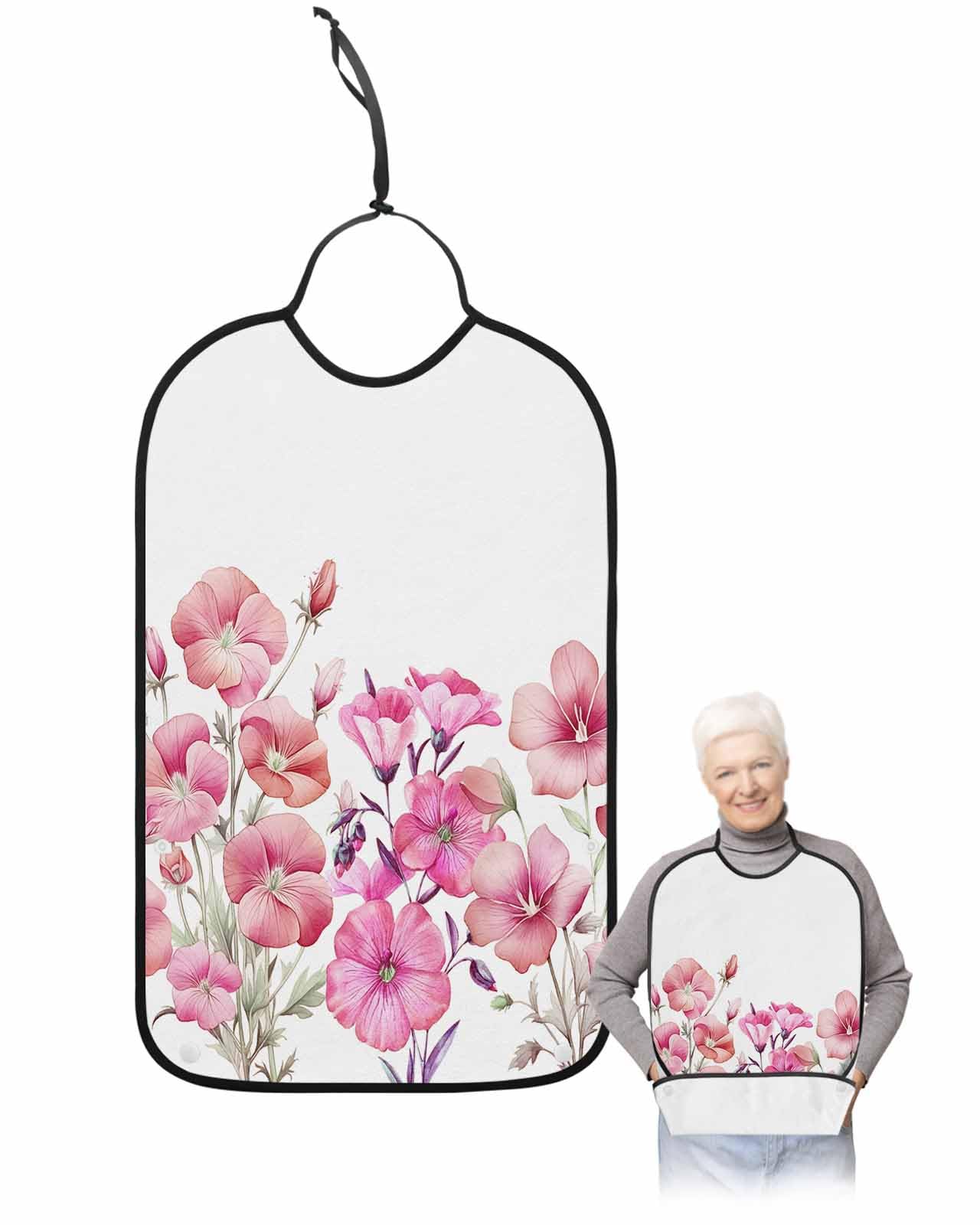 Adult Bibs for Eating, Spring Floral Watercolor Pink Red Morning Glory Washable Elderly Adult Bibs for Men Women Large Reusable Adjustable Clothing Protector with Optional Crumb Catcher
