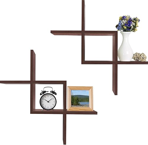 Greenco Juego de 2 estantes flotantes cruzados para montar en la pared, acabado de nogal