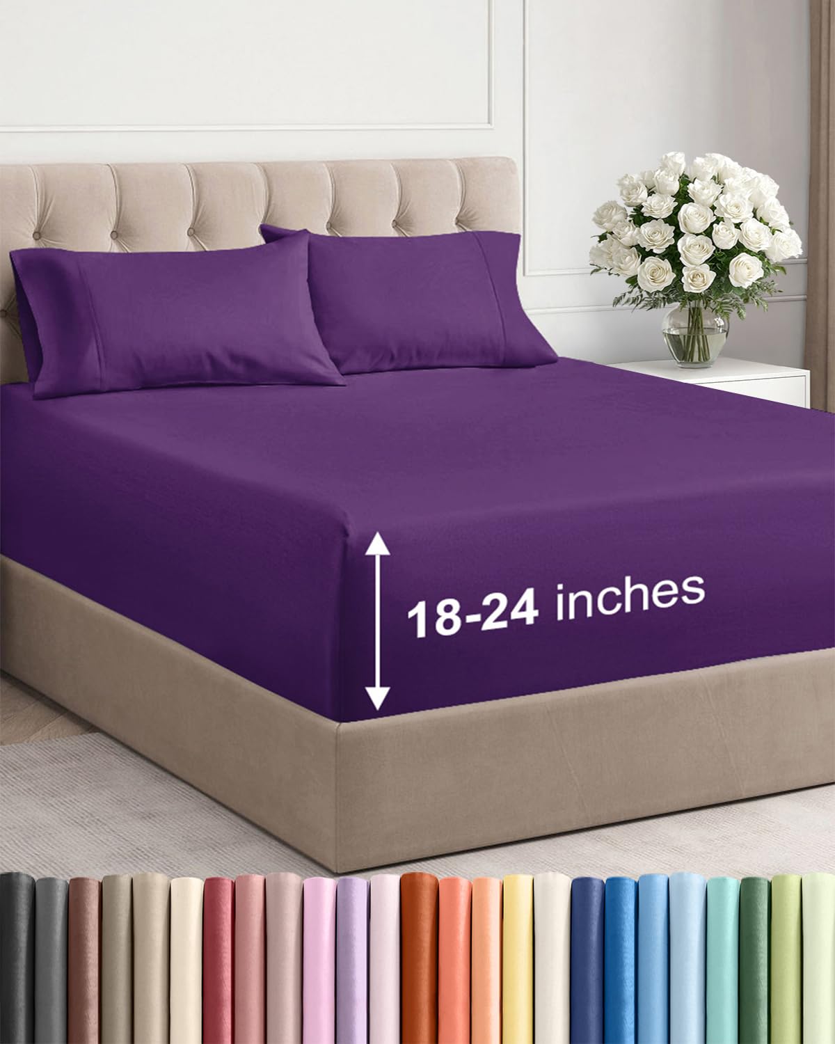 extra deep cal king sheet set - 4 piece breathable & cooling bed sheets - easily fits 18 to 24 inch mattress - ultra soft, wrinkle & fade free with extra deep pockets - hotel luxury bedding - purple