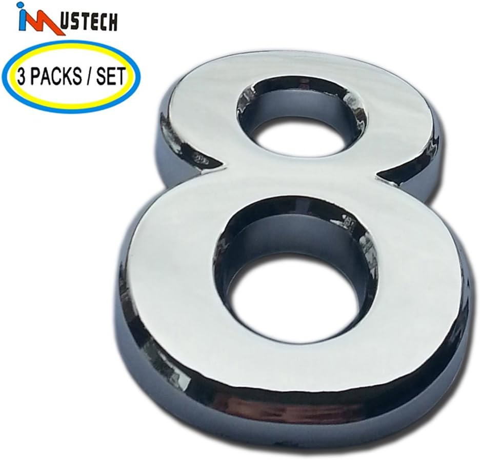 3 Pcs of Number 8 iMustech 2 Inch Silver 3D Self-Stick Number with Reflective Silver Plating(ABS), for Door Number, Mailbox Number, Modern Hotel Number, Car Sticker