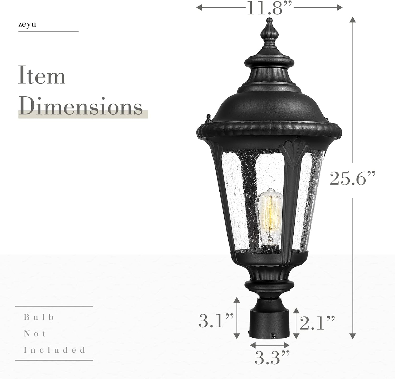 zeyu Exterior Large Post Light Fixture, 25.6 Inch Outdoor Pole Lantern Light for Outside, Die-Cast Aluminum in Black Finish, Seeded Glass Shade, ZX54P BK