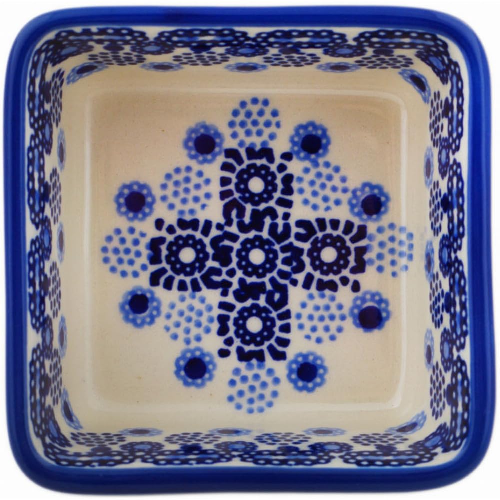 Authentic Polish Pottery Square Bowl 4-inch in Rings Of Happiness Design Handmade in Boles?awiec Poland + Certificate of Authenticity