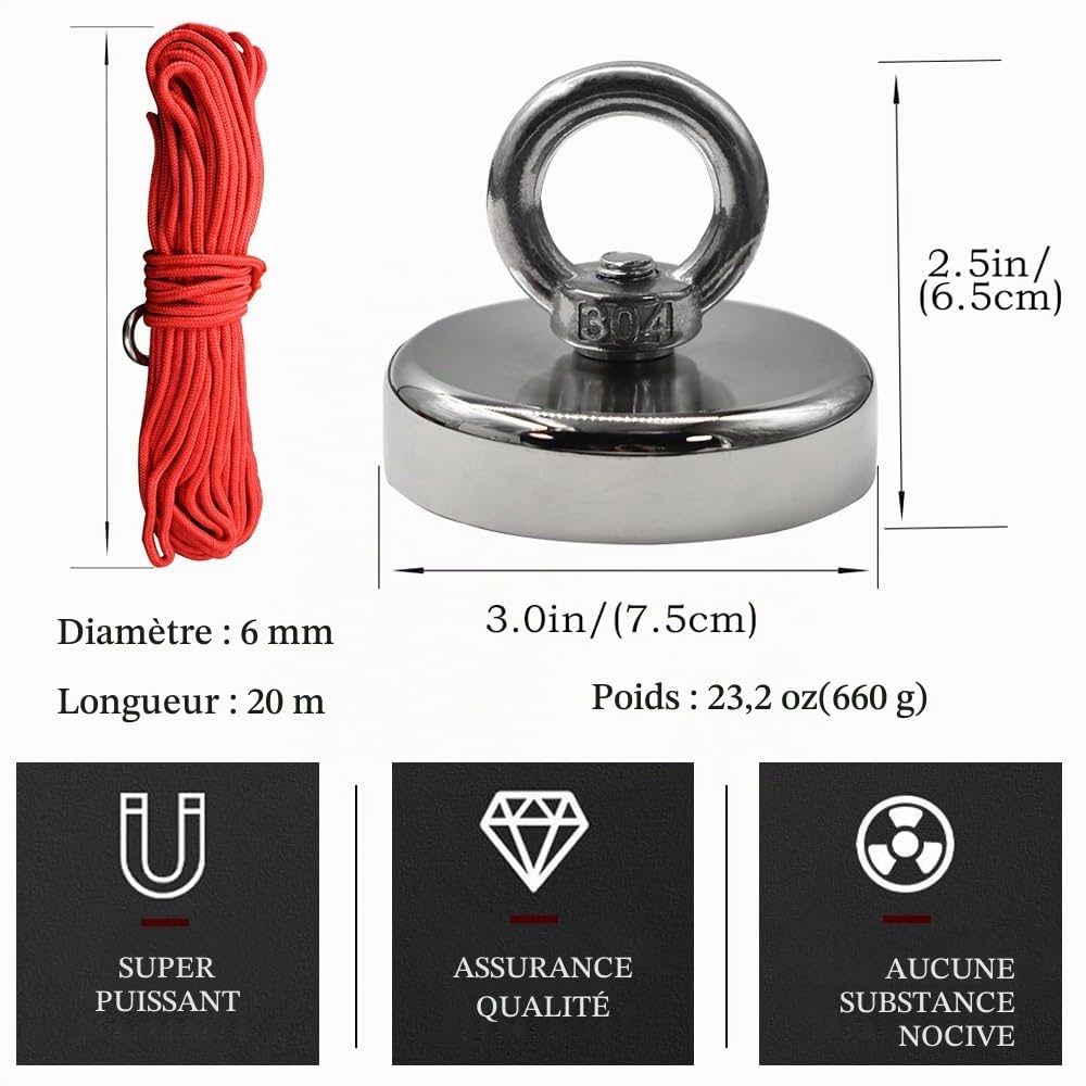 Aimant de pêche puissant Aimants en terre rare Kit de pêche avec corde durable de 20 m pour la pêche et la récupération magnétique (640LB)