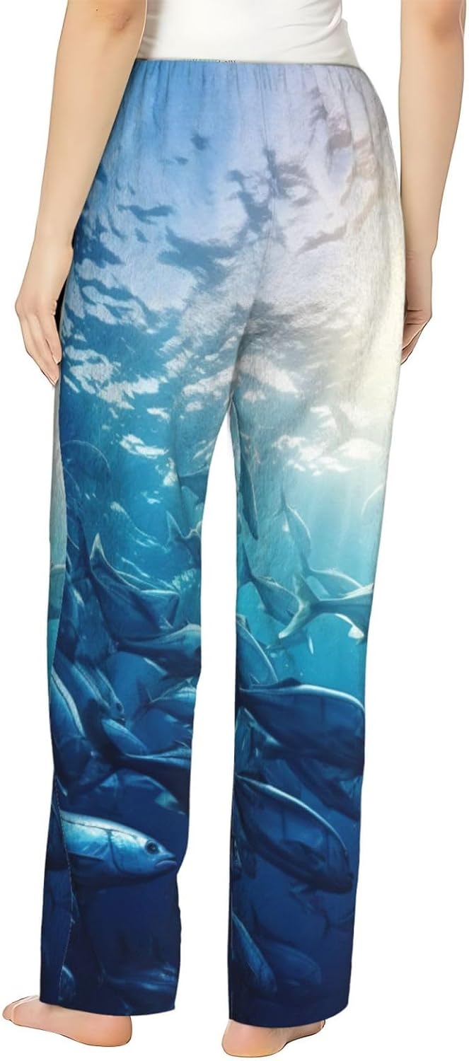 Blue Ocean Underwater Fish Print Fashion Cozy Womens Flannel Pajama Pants,Perfect For Christmas And Everyday Wear