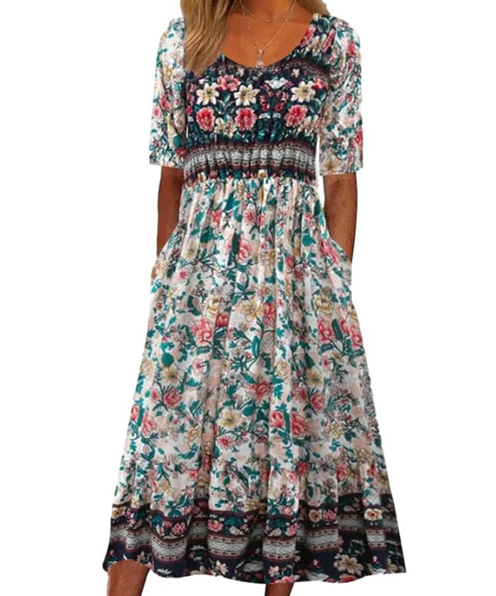 ABINGOO Mujere Vestidos de Verano Cuello Redondo Manga Corta Vestido Bohemio Floral Vestido de Playa Casual Midi Vestido Largos con Bolsillos