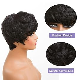 MOONSHOW Short Human Hair Wigs for Black Women Pixie Cut Wig Human Hair Black Short Curly Wigs Human Hair Wigs with Bangs Pixie Cut Wigs for Black Women Black Curly Wig
