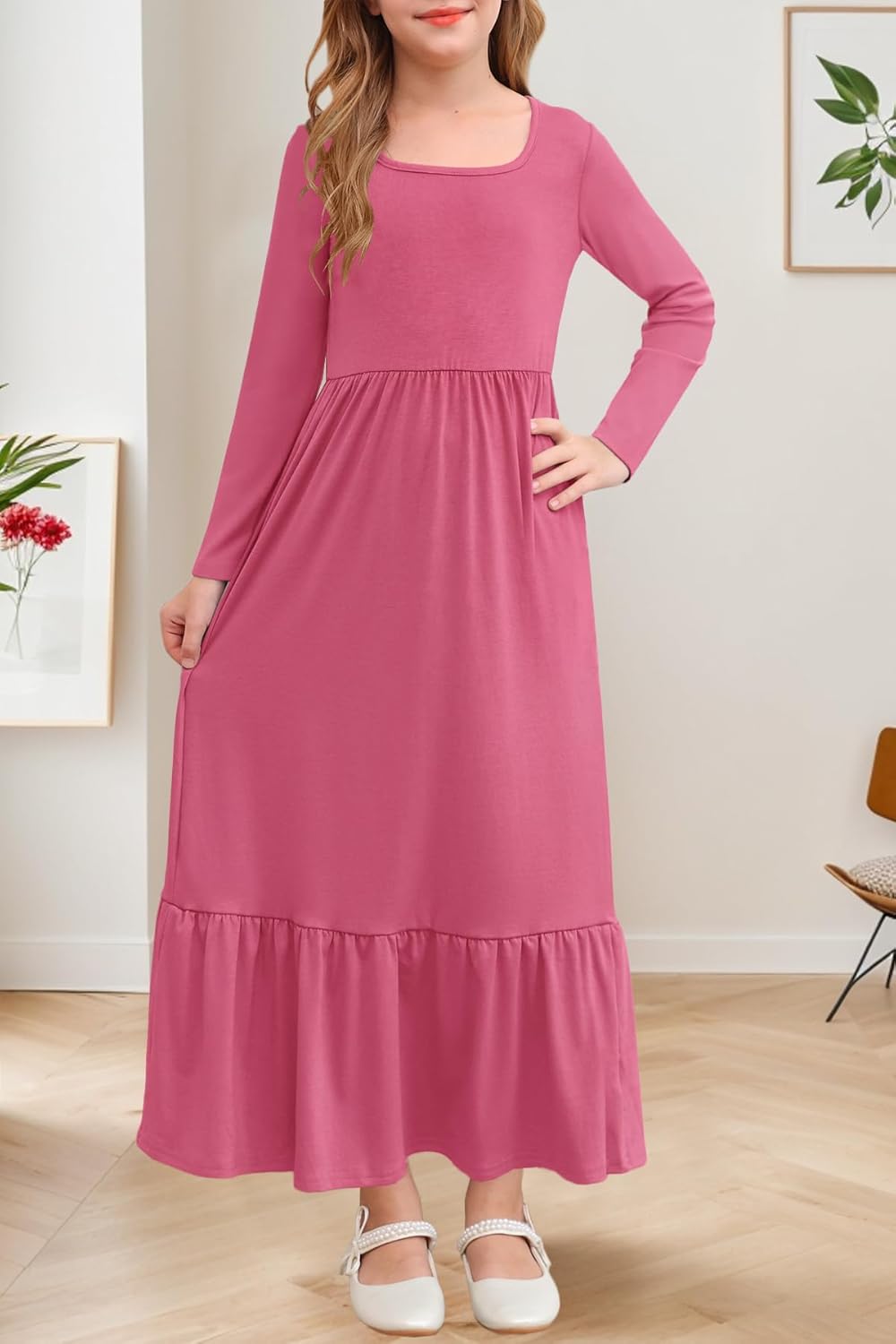 YOVION Girls Maxi Dress Fall Long Sleeve Square Neck Tiered Flowy Casual Holiday Dresses with Pockets for 6-12 Y - Image 2