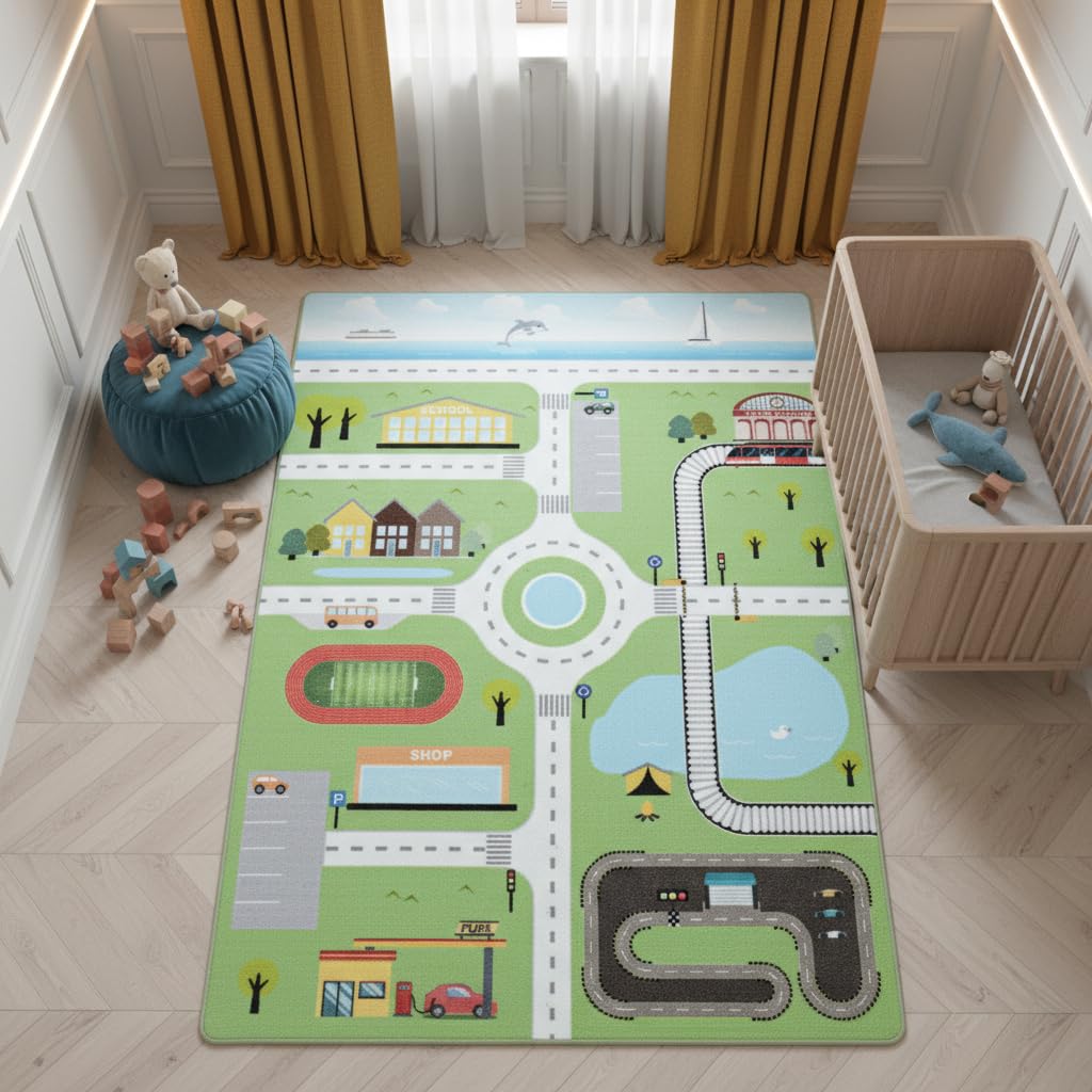 Kinderteppich Spielstraße Straßenmotiv Pflegeleicht Bunt Waschbar Strapazierfähig Grün 80x120 cm Kinderzimmer Fußbodenheizung geeignet Schadstoffgeprüft Oeko-TEX | TRAUN