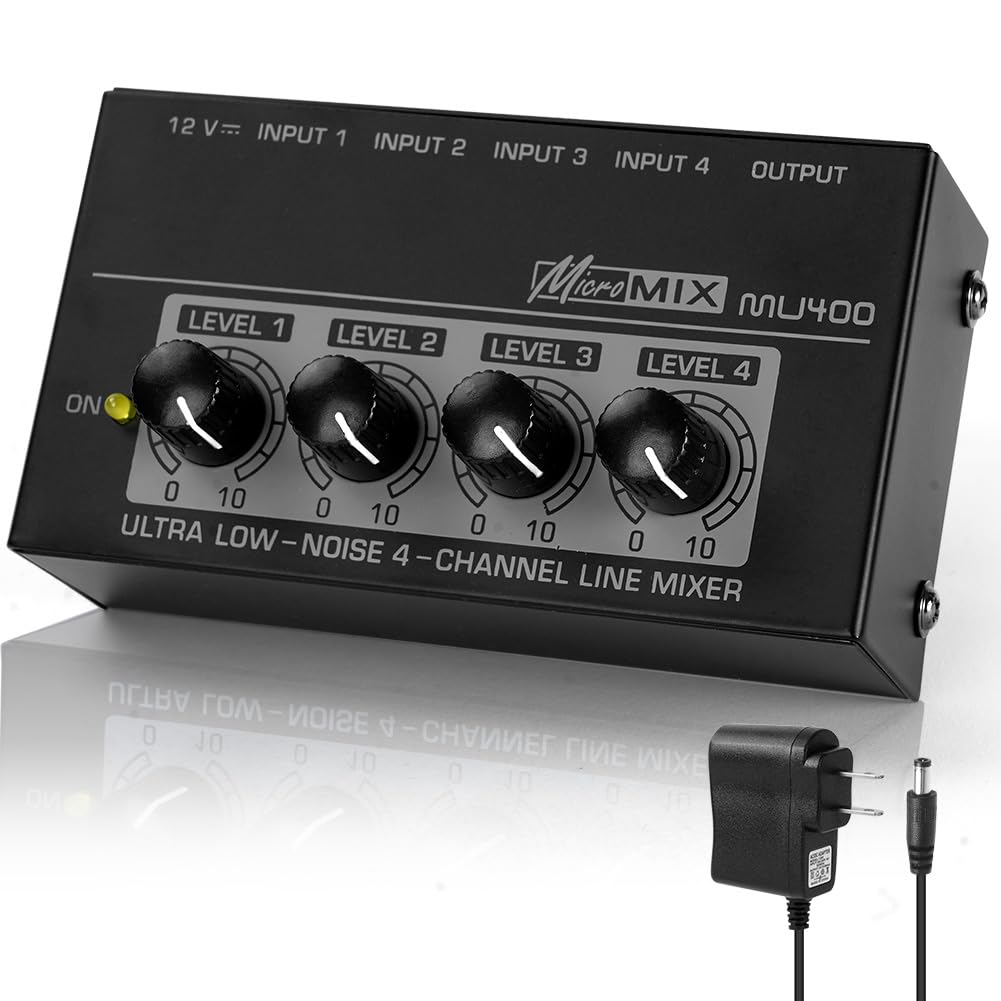 OFFCUP Mixer Audio, 4 Canali Mini Mixer Audio, Audio Mixer Portatile 4in1out, Mixer Basso Rumore per Microfoni Chitarre Bassi Tastiere e Mixer di Palco -Nero