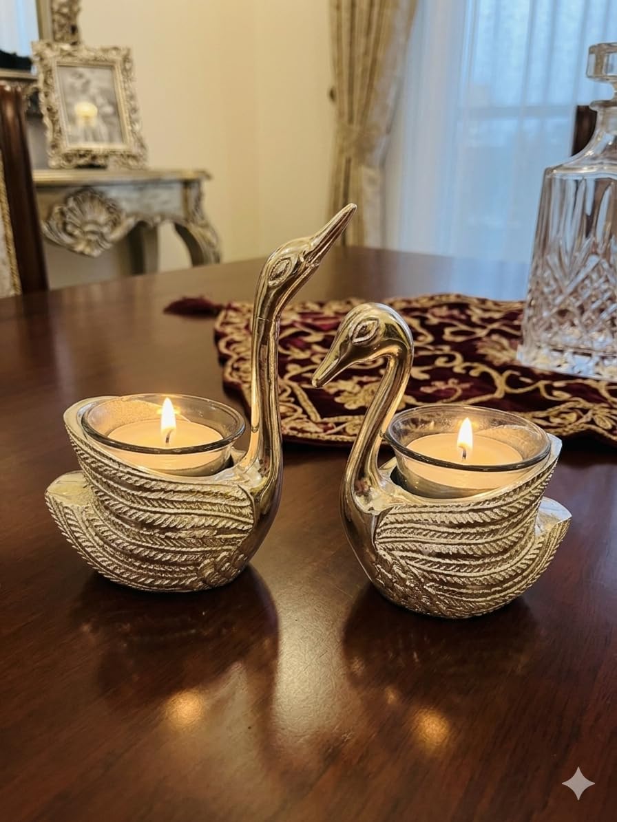 Silver Pair of Swans with Gift Box for Good Luck | Love Gifts Tealight Candle Holder for Home Decor Living Room | showpiece Anniversary Wedding Gifts for Couple (Candles Included)-image-18