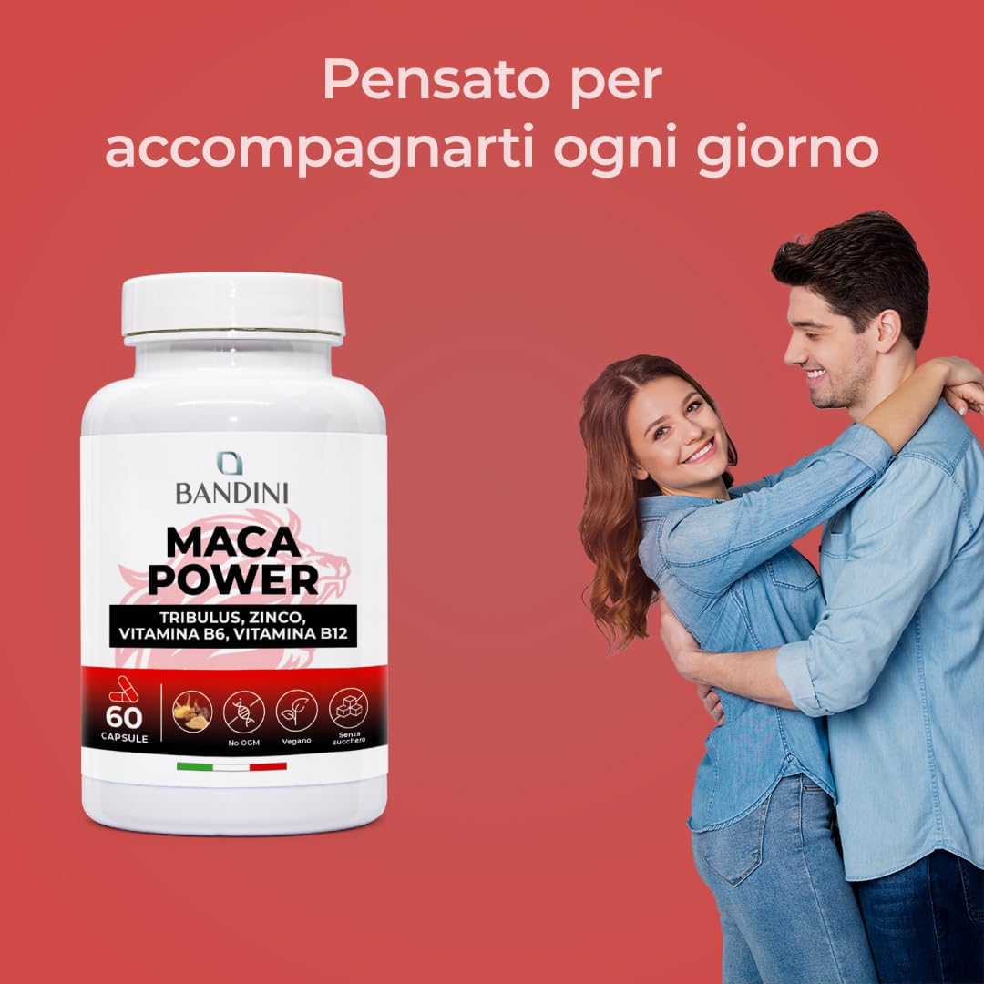 Bandini® MACA POWER Peruviana, 60 Capsule 100% Vegane, Complesso ad Alto Dosaggio con Tribulus, Arginina, Zinco, Vitamina B6 e B12 - Stanchezza Fisica e Mentale, Energia, Sport - Made in Italy