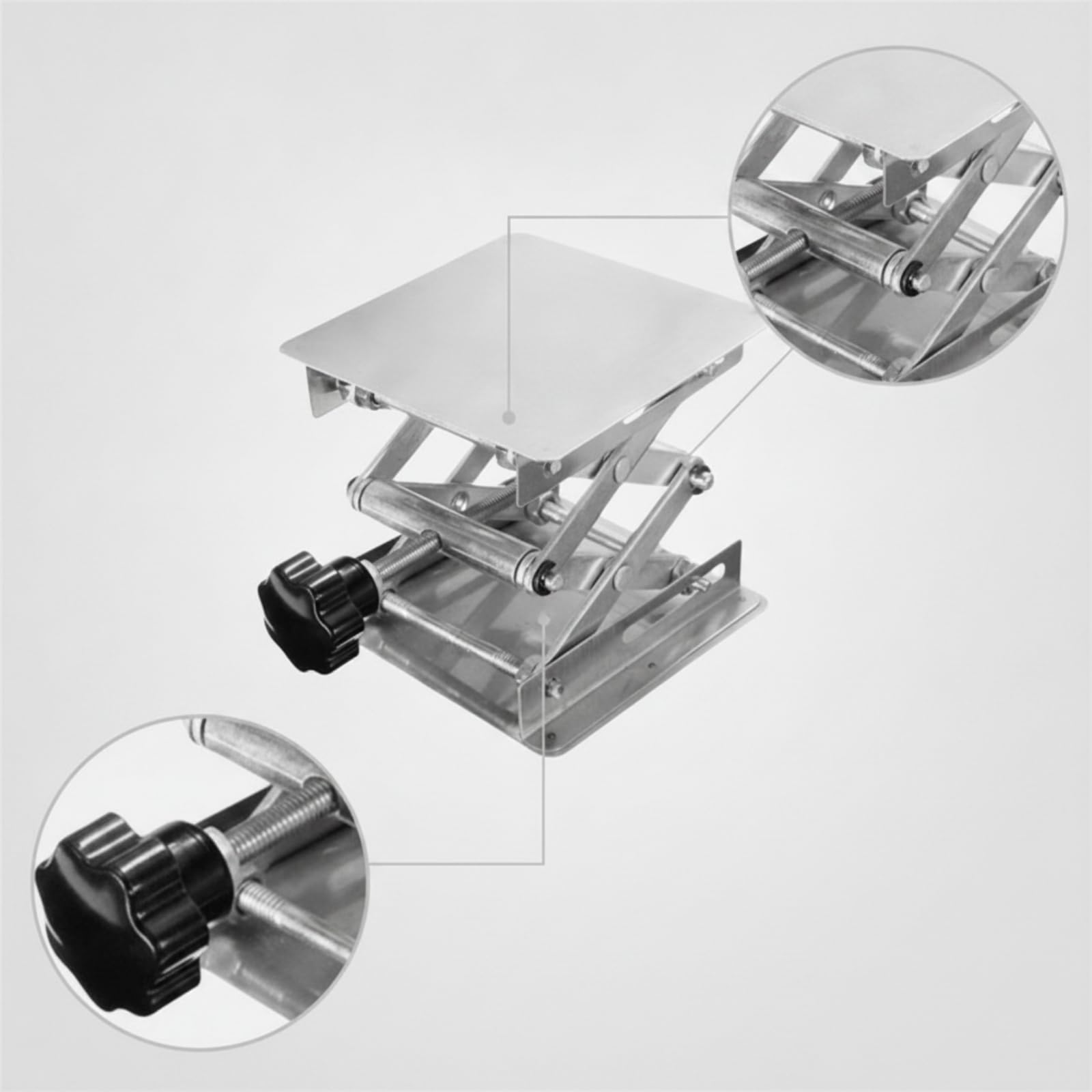de Elevación Manual Soporte Elevador Mesa Tijera Regulador Altura Base Ajustable en Acero Inoxidable con Perilla Ergonómica Apta para Laboratorio Banco de Trabajo Investigación, 150 150mm
