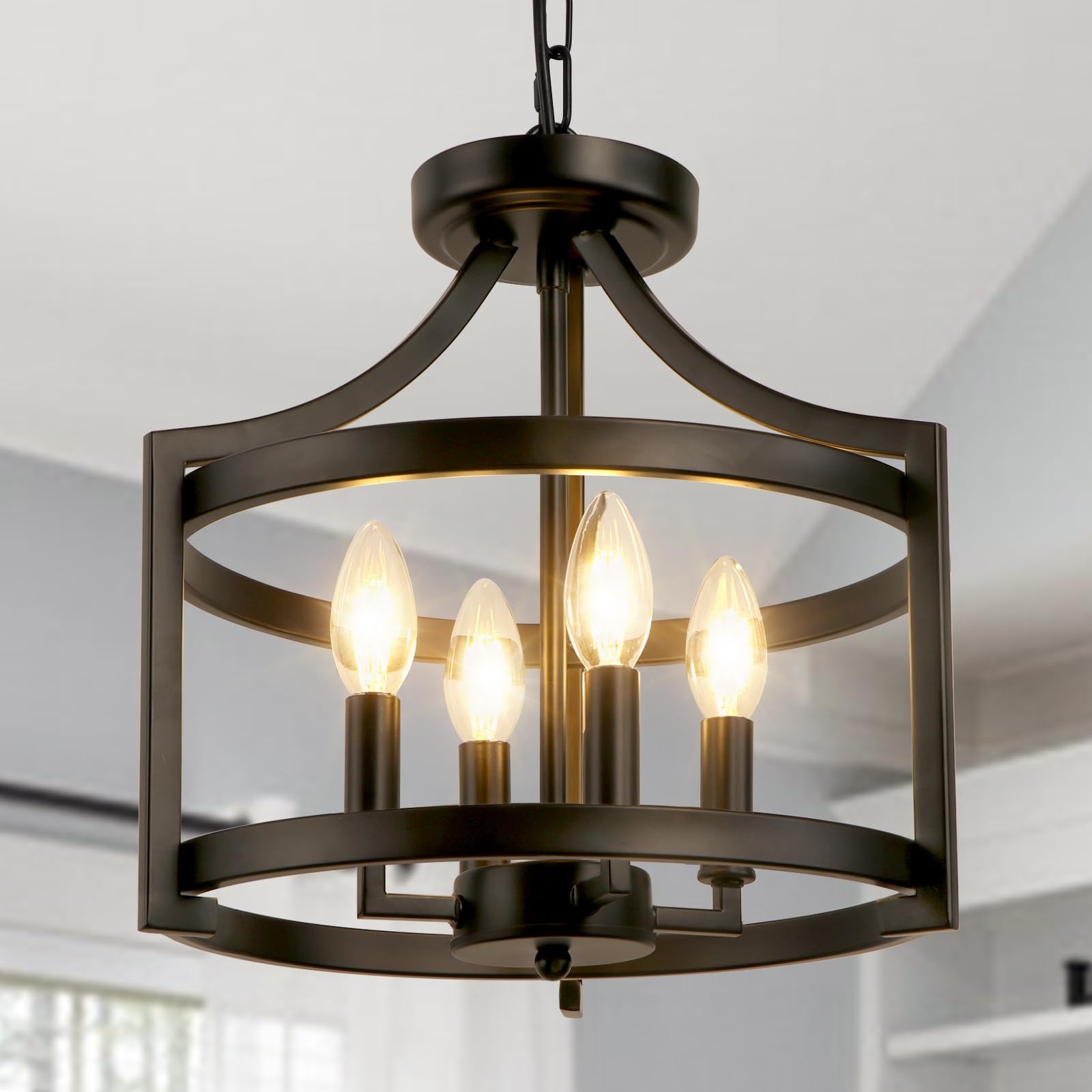 Kronleuchter Modern Schwarz Umwandelbare Landhaus Deckenlampe Wohnzimmer, 4 Lichter Rustikal Vintage Hängelampe Schlafzimmer, Höhenverstellbare Bauernhaus Pendelleuchte Deckenleuchte Flur