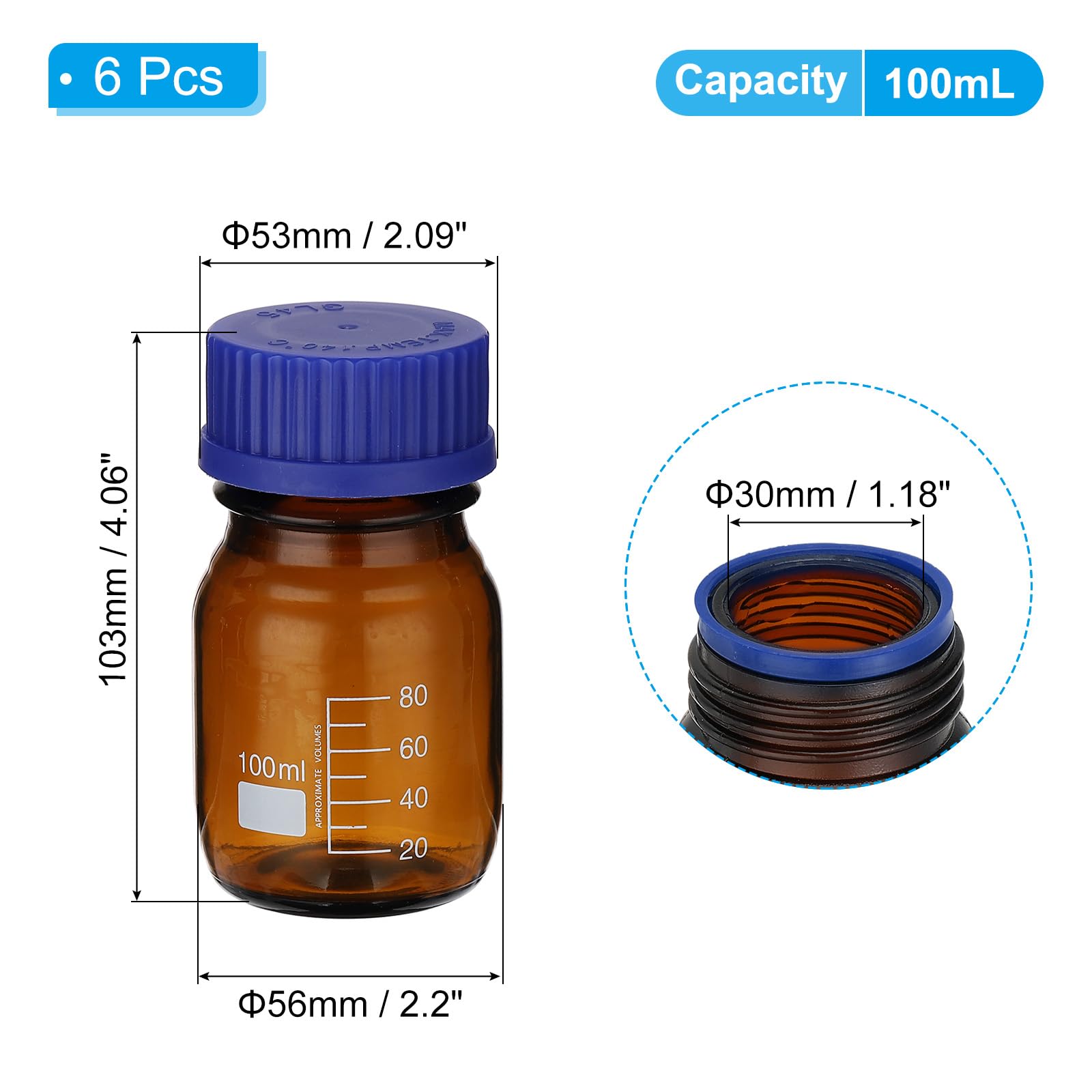 PATIKIL 6 Pack Reagent Media Storage Bottles, 100ml Borosilicate Glass Graduated Round Bottles With GL32 Blue Screw Cap For Lab Water Reagent Liquids, Amber