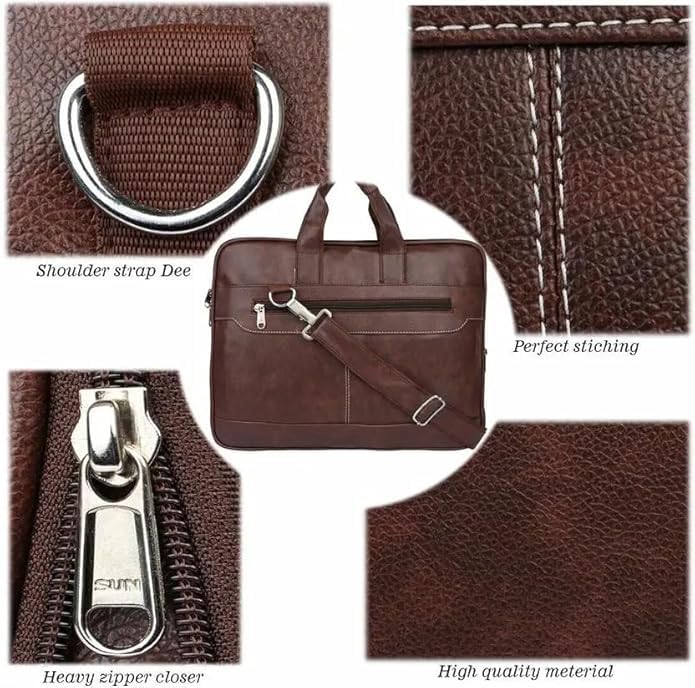 Image of Faux Leather Office Laptop Bag for Men - 15.6 Inch Briefcase Messenger Bag with Shoulder Strap | Professional Business Travel Bag with Front Pocket & Handle