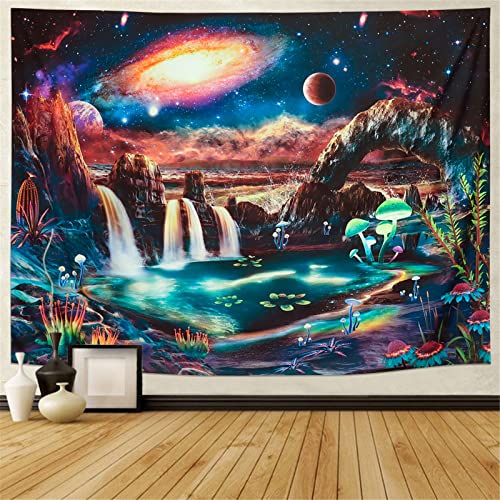 Image of Blacklight Galaxy Tapestry UV Reactive Waterfall Planet Landscape Tapestry Mountain Wave Wall Tapestries Neon Nebula Plants Wall Hanging for Room