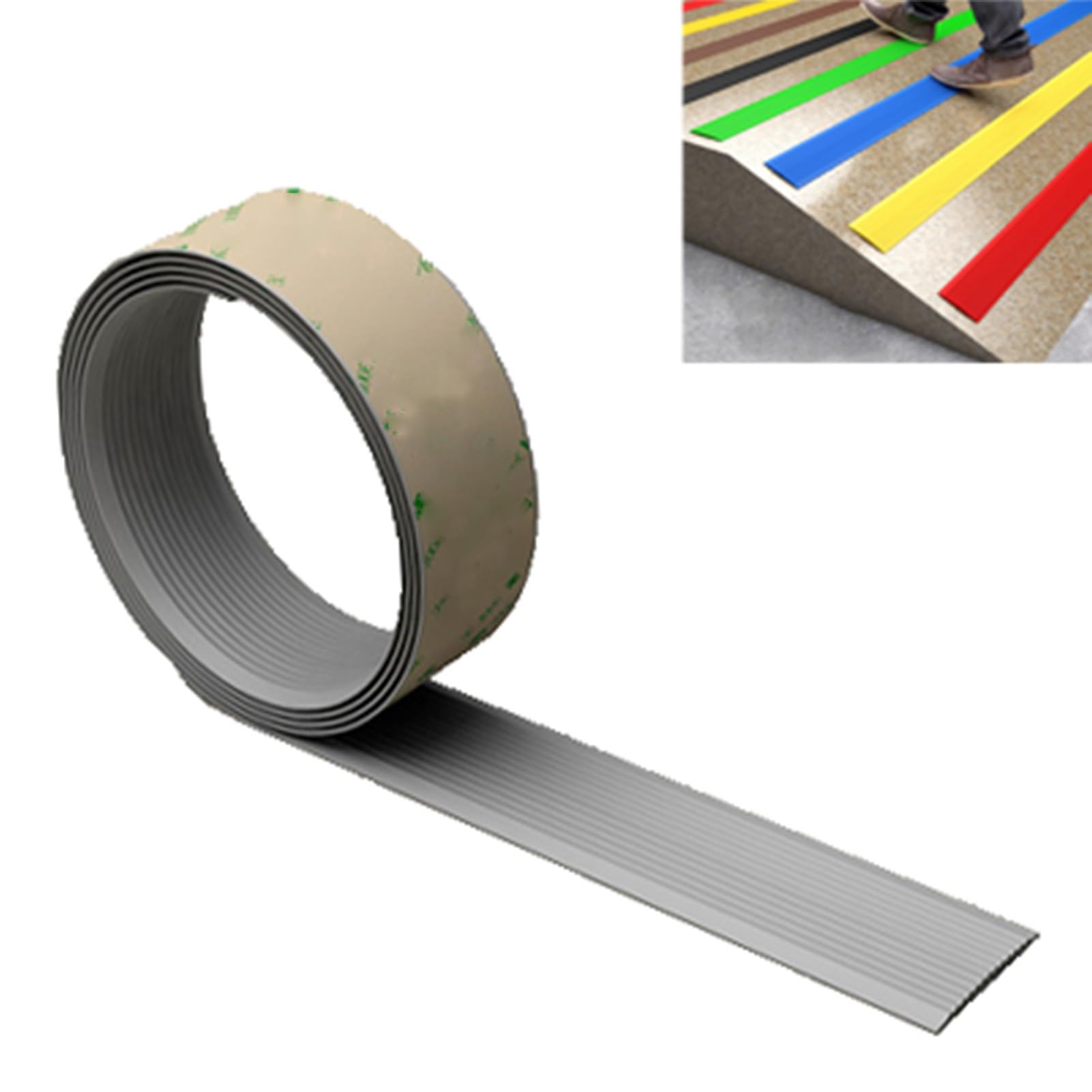 Tira antideslizante para peldaños de madera, protector de borde de goma autoadhesivo para escaleras interiores, tira de transición para hormigón y moqueta, color gris claro, 6 m de longitud