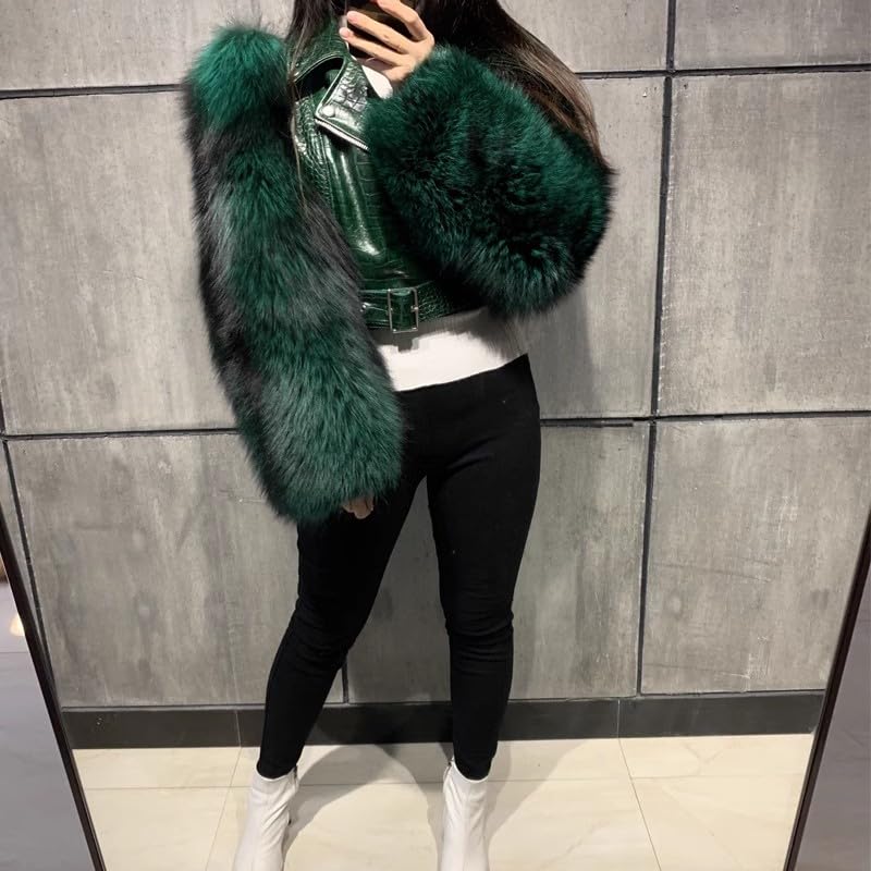 LVCOMEFF Women Sheep Leather Cropped Jacket Bolero Top Coat Motorcycle Jacket With Fox Fur Long Sleeve Crocodile Pattern2