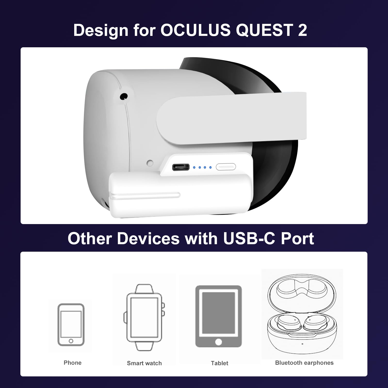Batterie externe pour Meta Quest 2 5000 mAh pour Oculus Quest 2 - Chargeur VR léger avec autonomie de 2 à 4 heures