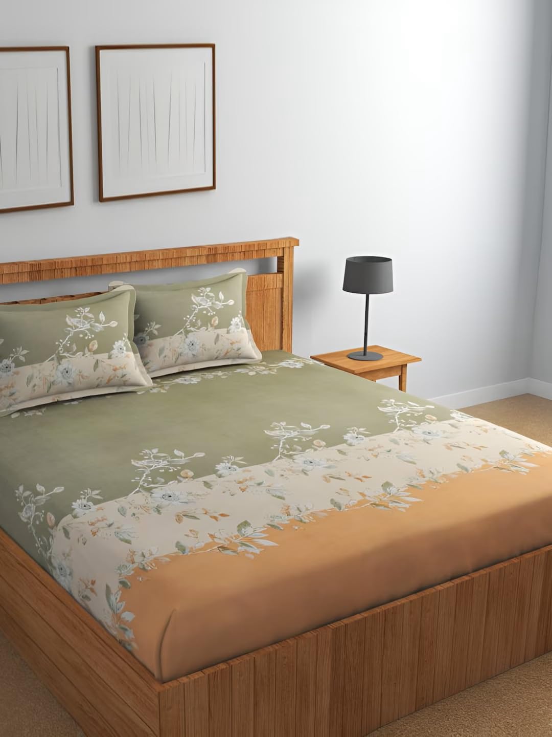 DECOMIZER Cotton Feel Glace Cotton Elastic Fitted Printed King Size Double Bed Bedsheet With 2 Pillow Coverm Fits Upto 8 Inches Mattress,Size- 72X78X10 Inches,Peach Patta, 300 Tc