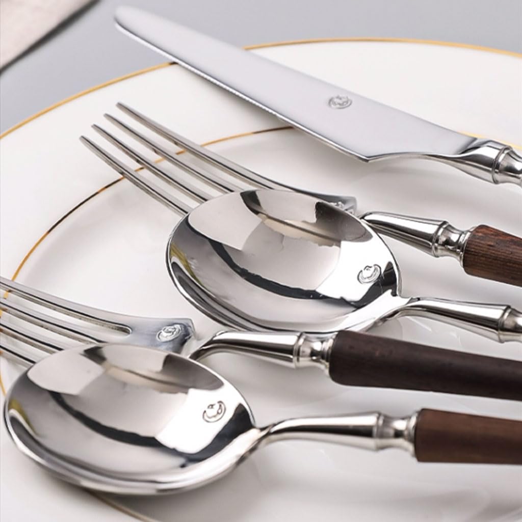 Exquisito Juego de Cubiertos de Acero Inoxidable con Mango de Madera, Utensilios de Cocina Retro, Cuchillo, Tenedor y Cuchara, Juego de Cubiertos Reutilizables para el hogar Práctico