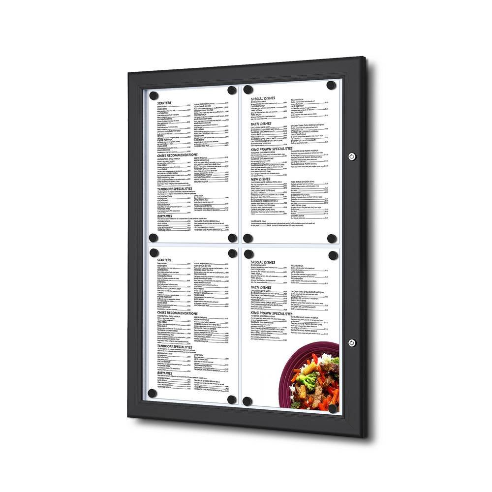 Schaukasten schwarz für Speisekarten 4x A4 | wetterfest für außen am Eingang | schwarz, magnetische Rückwand, abschließbar | Speisekartenkasten für Restaurant, Hotel, Gastronomie, Wandmontage