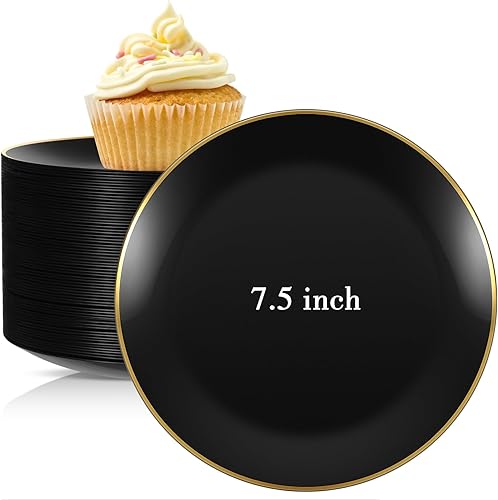 Miniatura 1 de Ziliny 50 platos de plástico negro con diseño de borde dorado, elegantes platos de postre negros para fiestas, platos llanos desechables a granel,