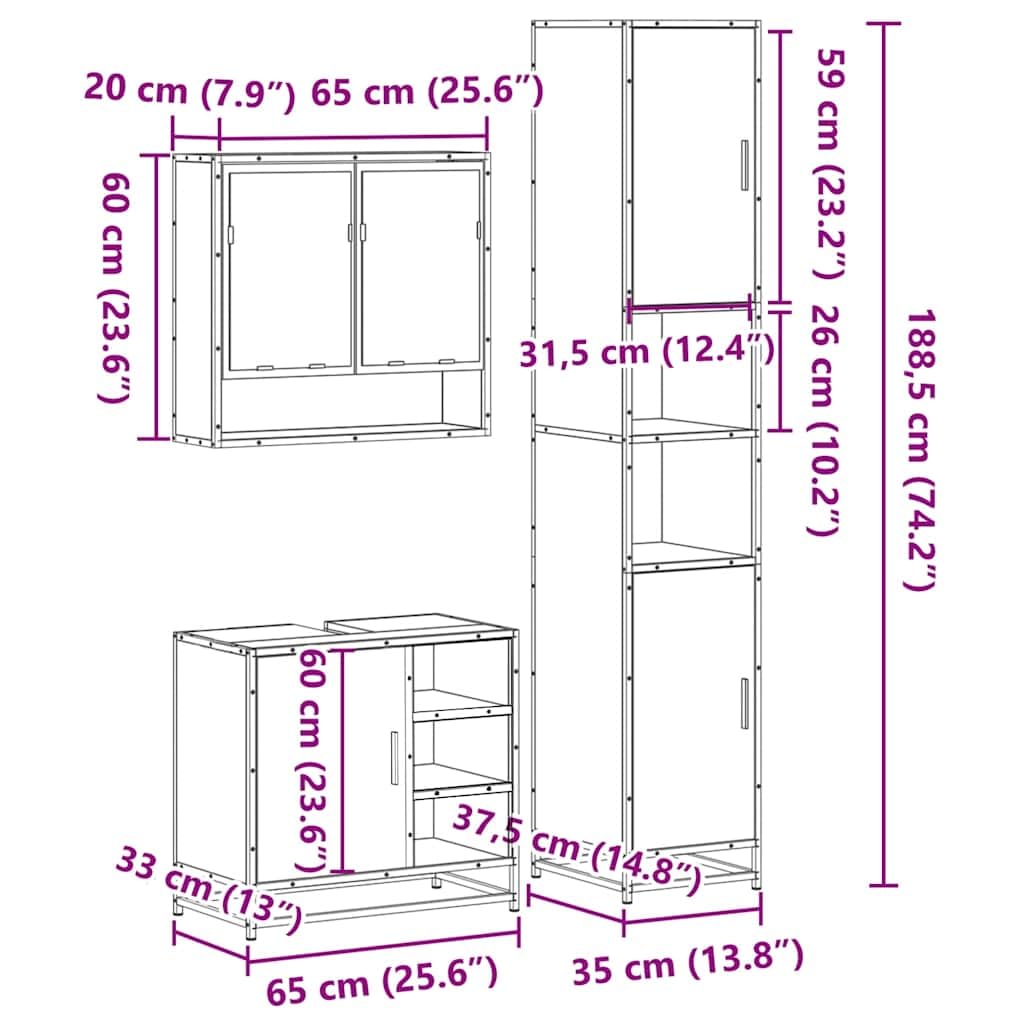 3-częściowy zestaw mebli łazienkowych, dąb wędzony, materiał drewnopochodny z szafką pod umywalkę, szafka z lustrem, wysoka szafka z lustrem, oszczędność miejsca, stojąca i wisząca, do mebli