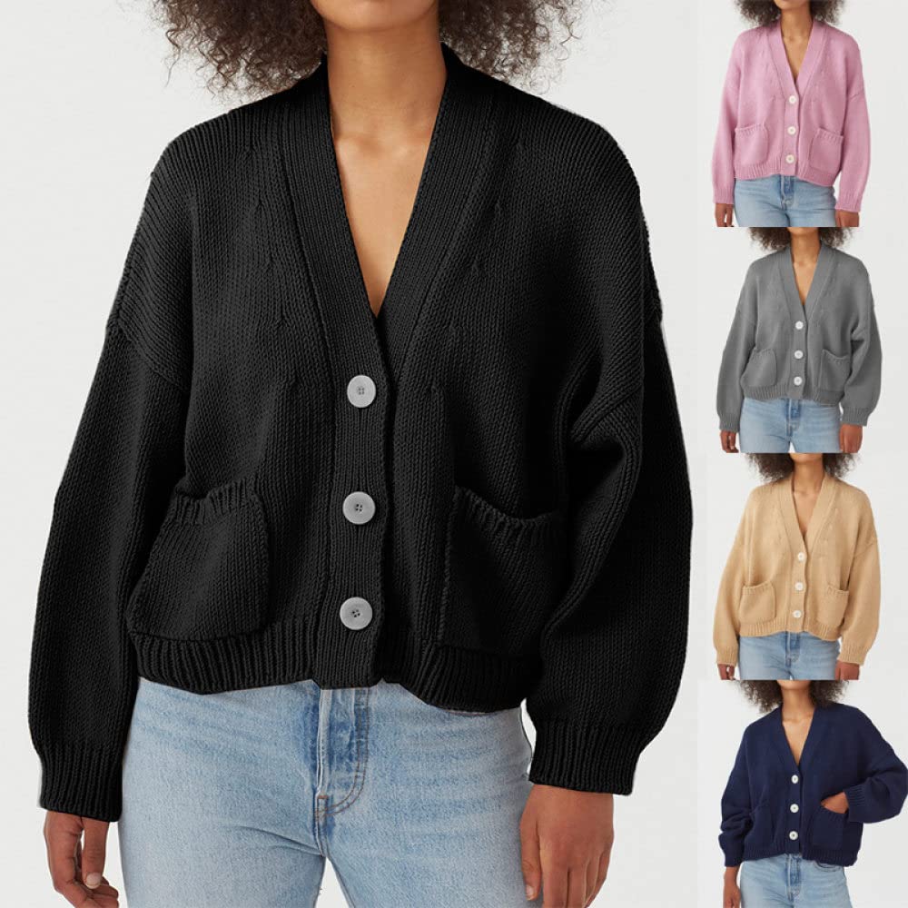 MIYAA Loser Damen Cardigan Pullover Langarm Pocket Cardigan V-Ausschnitt Cropped Outwear Lady Jumper Einreihig Offene Front Strickoberteil,Schwarz,3XL