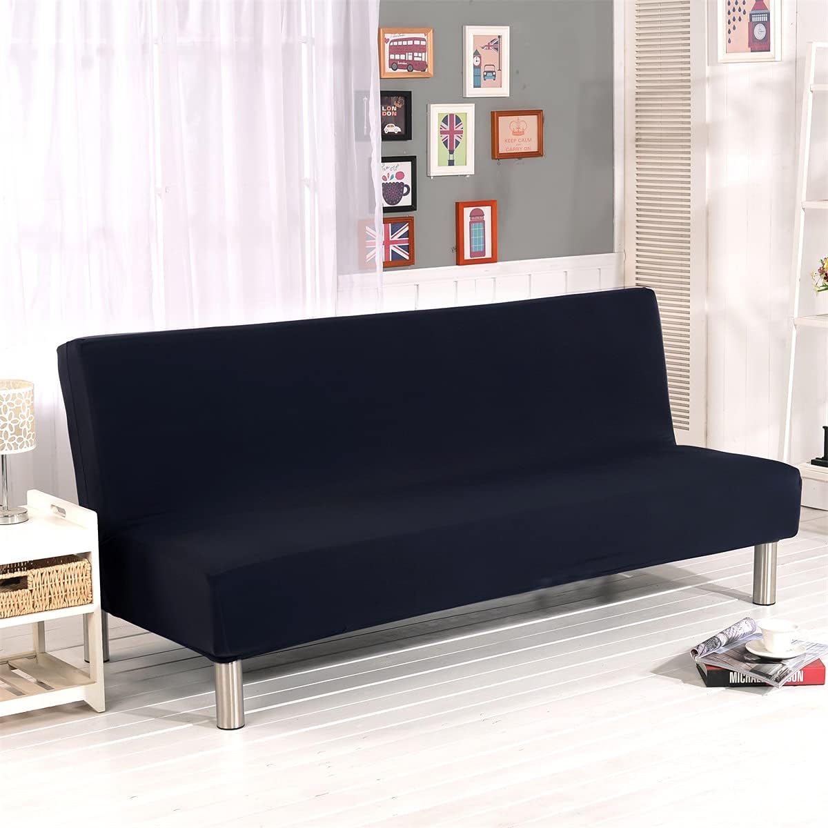 Stretch Futon Cover Armless Sofa Slipcover Foldable Sofa Bed Covers with Elastic Bottom, Machine Washable (Black)