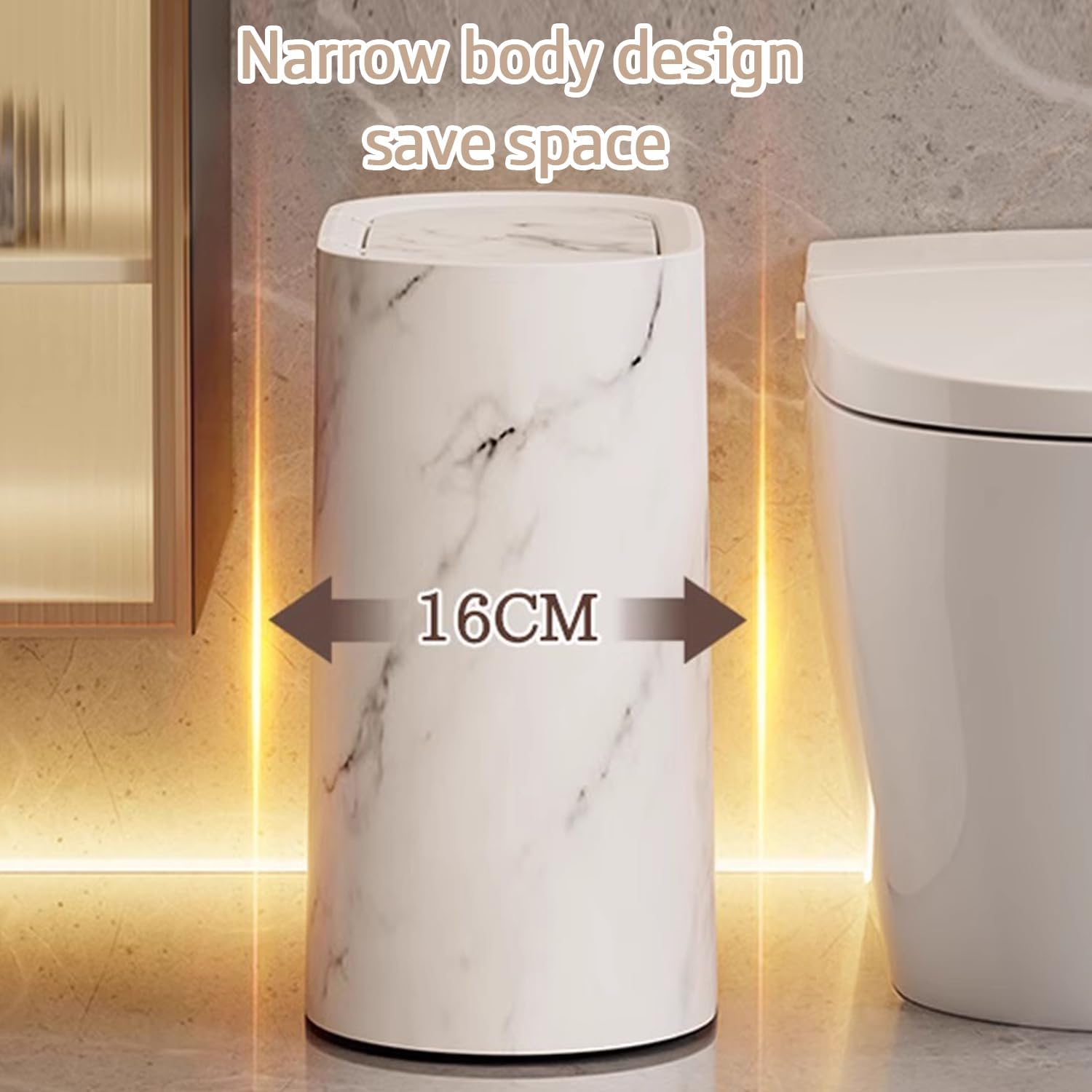 Cubo de basura de baño pequeño con tapas, de plástico mármol y madera - Cubo de basura con tapa para baño - Moderno cubo de basura para el hogar, interior y