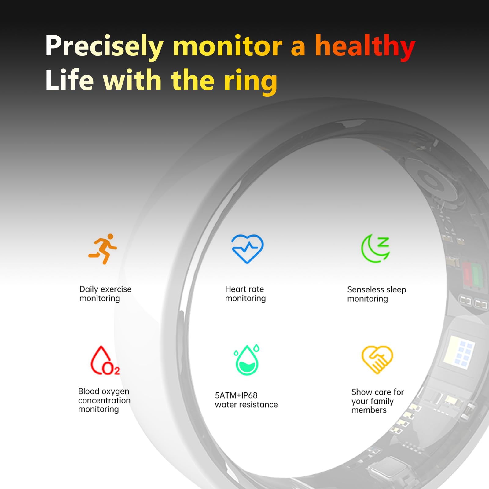 Smart Ring Ceramics para hombres y mujeres, rastreador con fitness, salud, sueño, pasos, compatible con iOS y Android, sin suscripción (negro, 8)