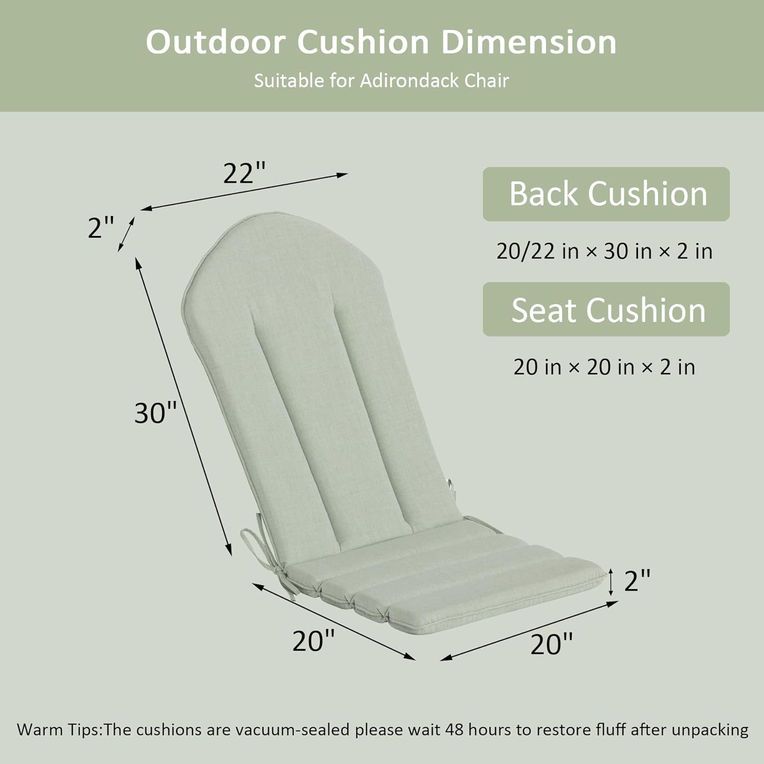 COZYVIDA 50"x20" Adirondack Chair Cushion Set of 2, Water-Resistant Fade Resistant,UV-Resistant 1000+ Hrs,High Back Outdoor Rocking Chair Cushion for Patio,Light Green